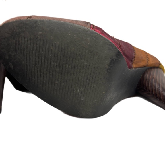 Earth tone Patchwork Pumps Wood Heels Brown Wine Copper Gold Satiny Women’s 8.5 - Picture 9 of 10